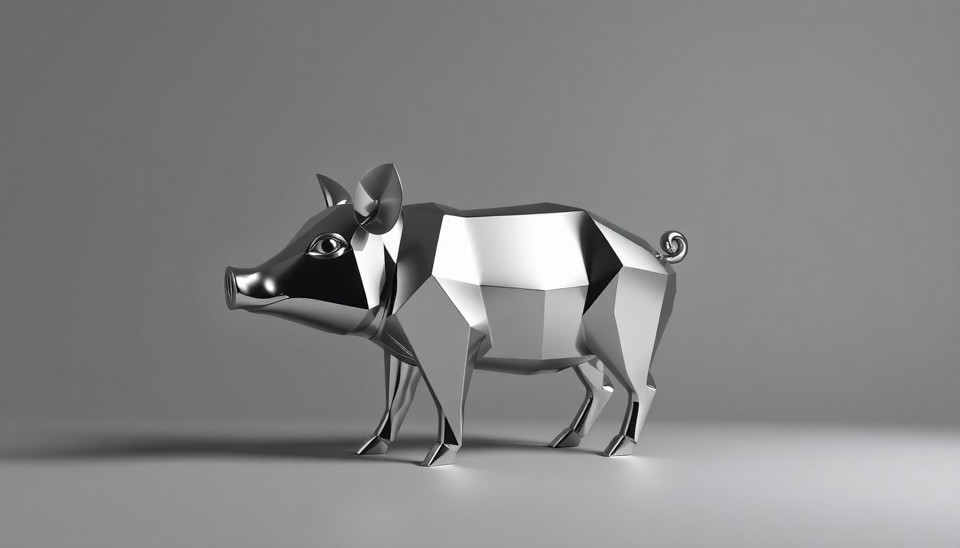 A polished, geometric metal sculpture of a pig, lit dramatically from the side against a clean, monochromatic grey background, conceptually representing the pork industry's emphasis on modernization and international market expansion.