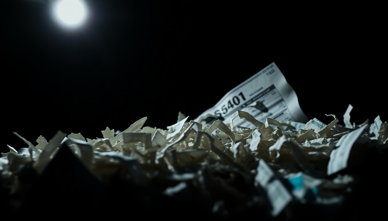 An extreme close-up photograph of a shredded financial document or bank statement, lit by a harsh, direct camera flash against a pitch-black background, conceptually representing the investigation into the alleged financial misconduct at Urban Prep Academies.