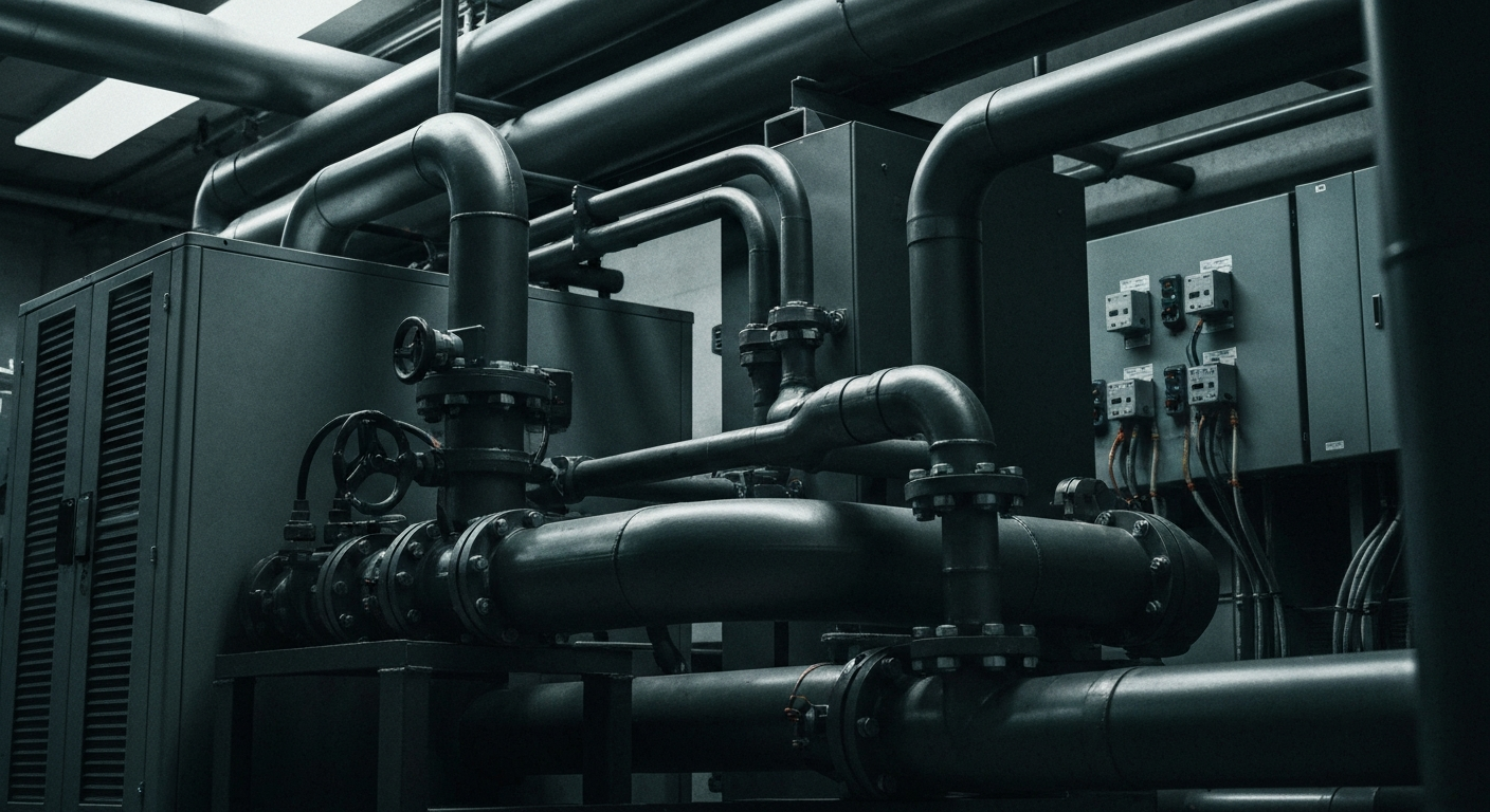 An extreme close-up of heavy, industrial machinery and equipment used in mission-critical building systems, conveying a sense of power, complexity and technical precision without any text or labels.
