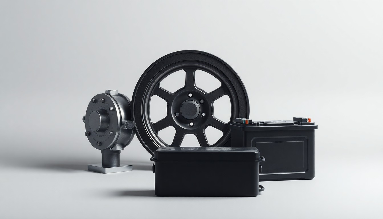 A high-end, photorealistic studio still-life photograph featuring polished metal gears, a sleek military-style vehicle wheel, and a matte black military-grade battery pack arranged elegantly on a clean, monochromatic background, conceptually representing the resilience of the defense industry.