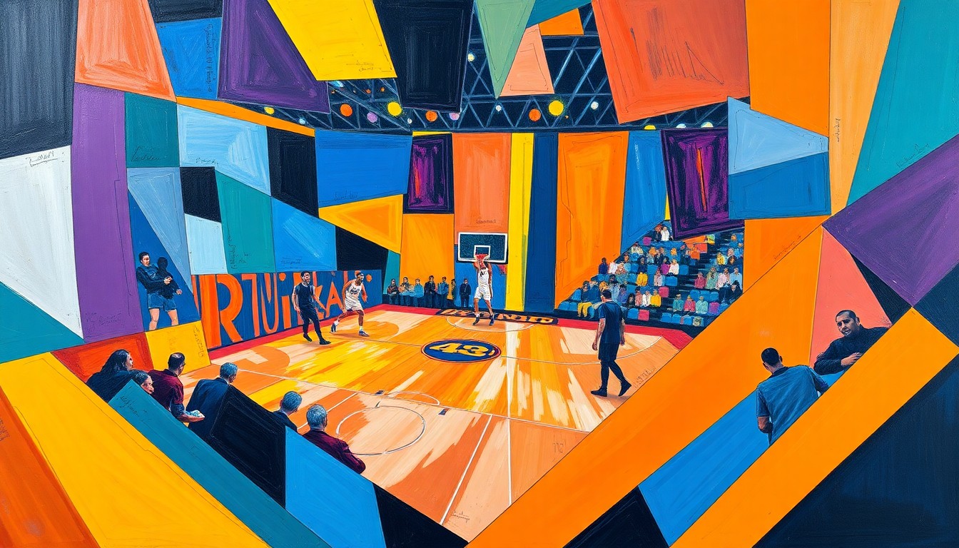A cubist, geometric painting depicting the chaotic action of a basketball game, with fragmented shapes and overlapping planes of color representing the players, the ball, and the court.