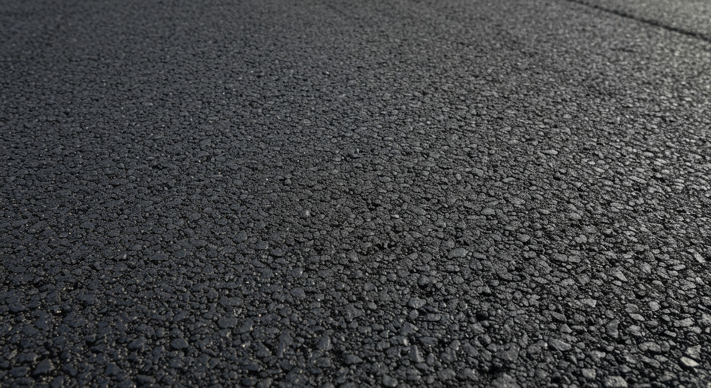 An extreme close-up photograph of the rough, pebbled texture of freshly paved asphalt, capturing the raw materials and craftsmanship of road construction in a dramatic, abstract composition.