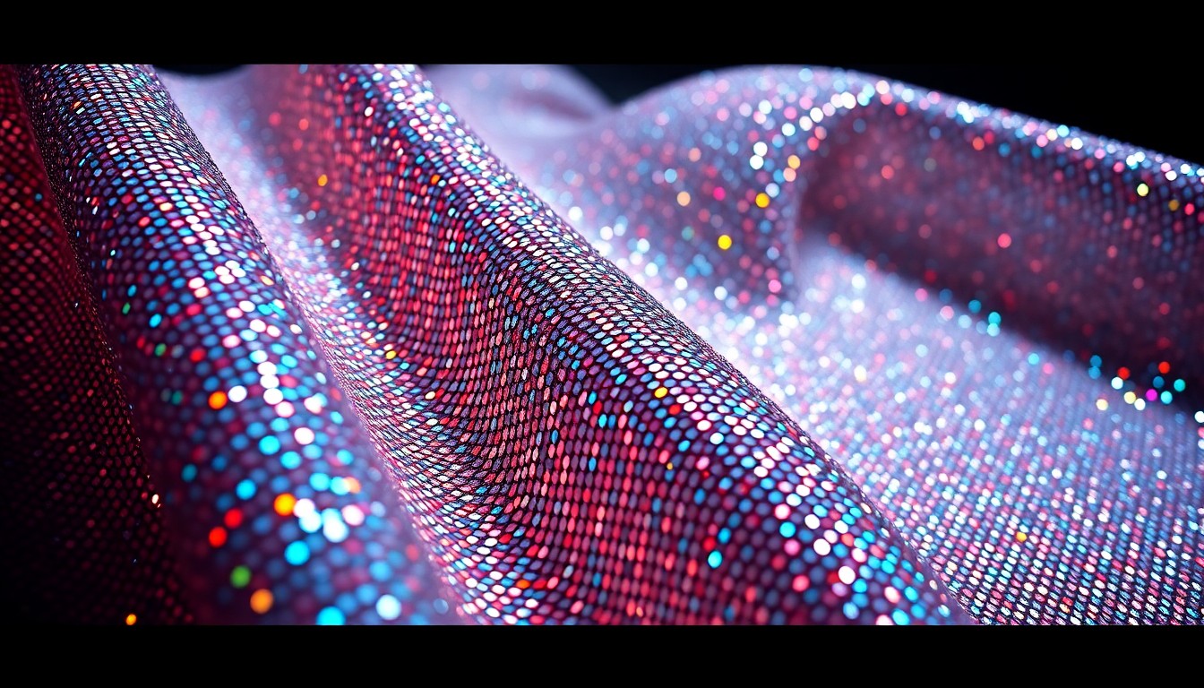 An abstract close-up photograph of a shimmering, glittering Pokémon-themed fabric texture, such as holographic sequins or iridescent mesh, captured in dramatic studio lighting to create a high-fashion, luxurious aesthetic.