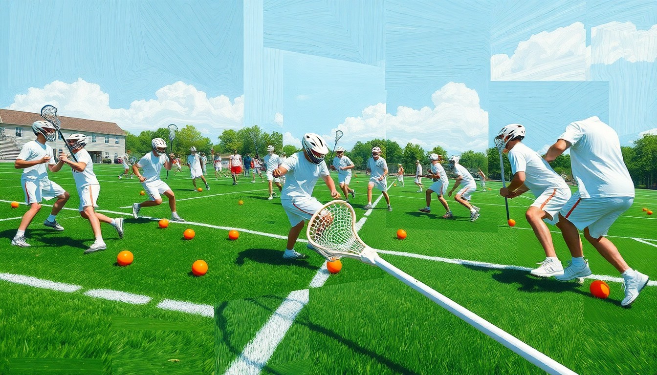A cubist, geometric painting depicting the chaotic action of a high school lacrosse game, with overlapping planes of green, white, and orange representing the field, players, and ball.