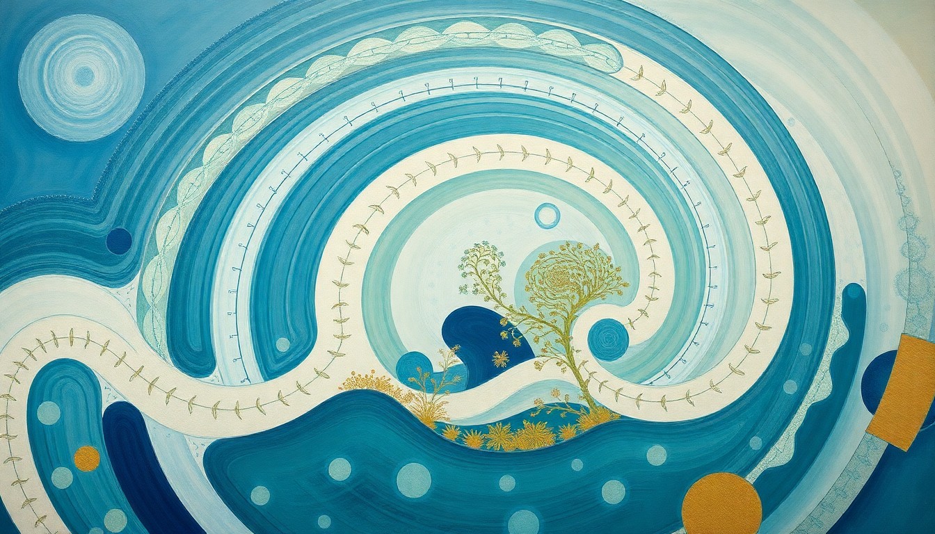 An abstract painting in soft shades of blue, green, and brown, featuring sweeping geometric arcs, concentric circular forms, and precise botanical spirals, conceptually representing the complex underwater ecosystem of a new artificial reef created from a sunken ship.