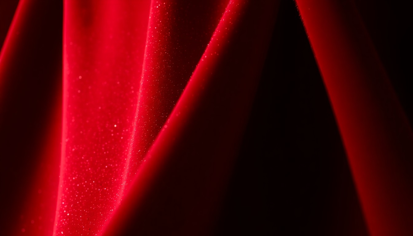 An extreme close-up photograph of lush, deep red velvet fabric, capturing the luxurious texture and sheen under dramatic studio lighting to evoke the glamour of a high-profile Hollywood event.