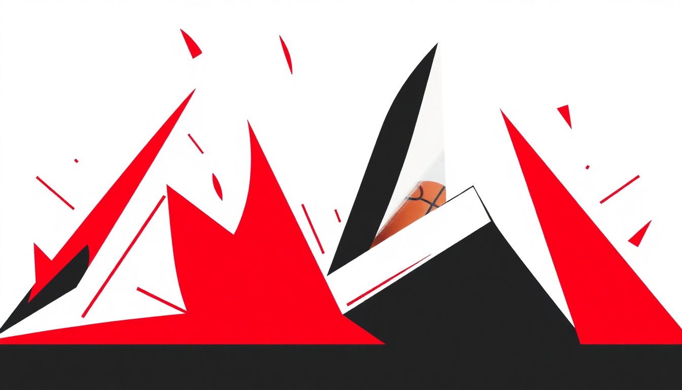 An abstract, minimalist illustration featuring bold, geometric shapes in red, white, and black, conceptually representing the merging of basketball and literary fandoms.