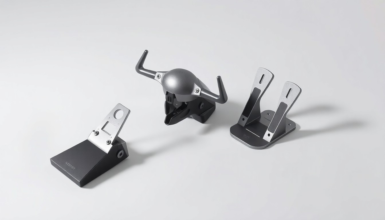 A high-end, photorealistic studio still-life photograph featuring a sleek, metallic throttle quadrant assembly and a pair of polished aluminum rudder pedals arranged elegantly on a clean, monochromatic background, conceptually representing the precision engineering and craftsmanship of aviation controls.