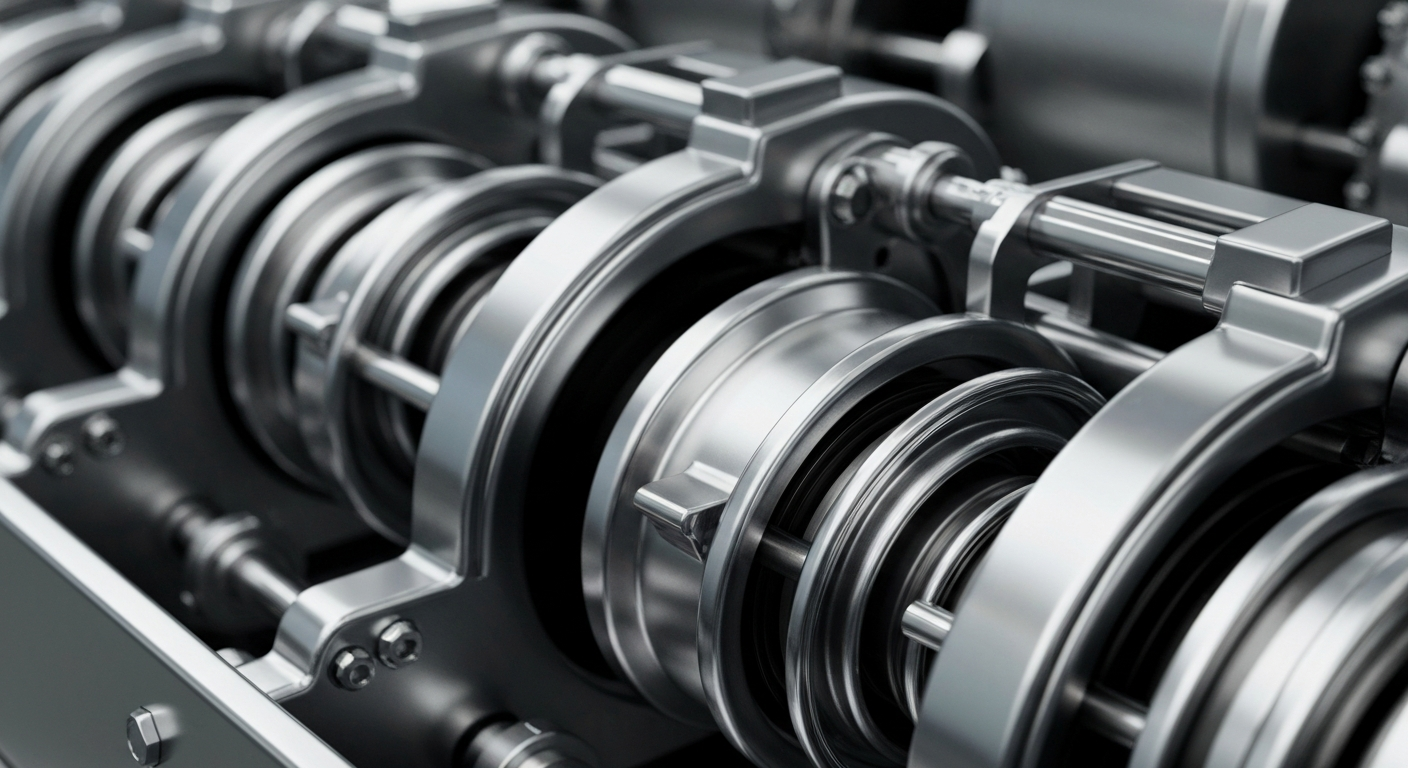 An extreme close-up of gleaming, intricate banking equipment and machinery, conveying a sense of institutional financial power and stability.