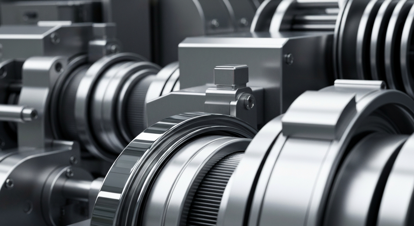 An extreme close-up of gleaming, industrial banking equipment and mechanisms, conveying the tangible, institutional power of the financial industry without using literal currency or charts.