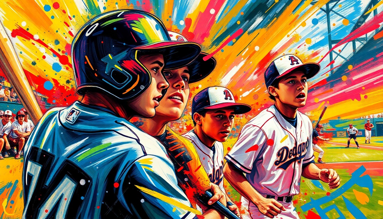 An abstract, expressionist painting in vibrant neon colors depicting the dynamic motion and energy of a high school baseball game, with players' forms dissolving into bold, gestural brushstrokes.