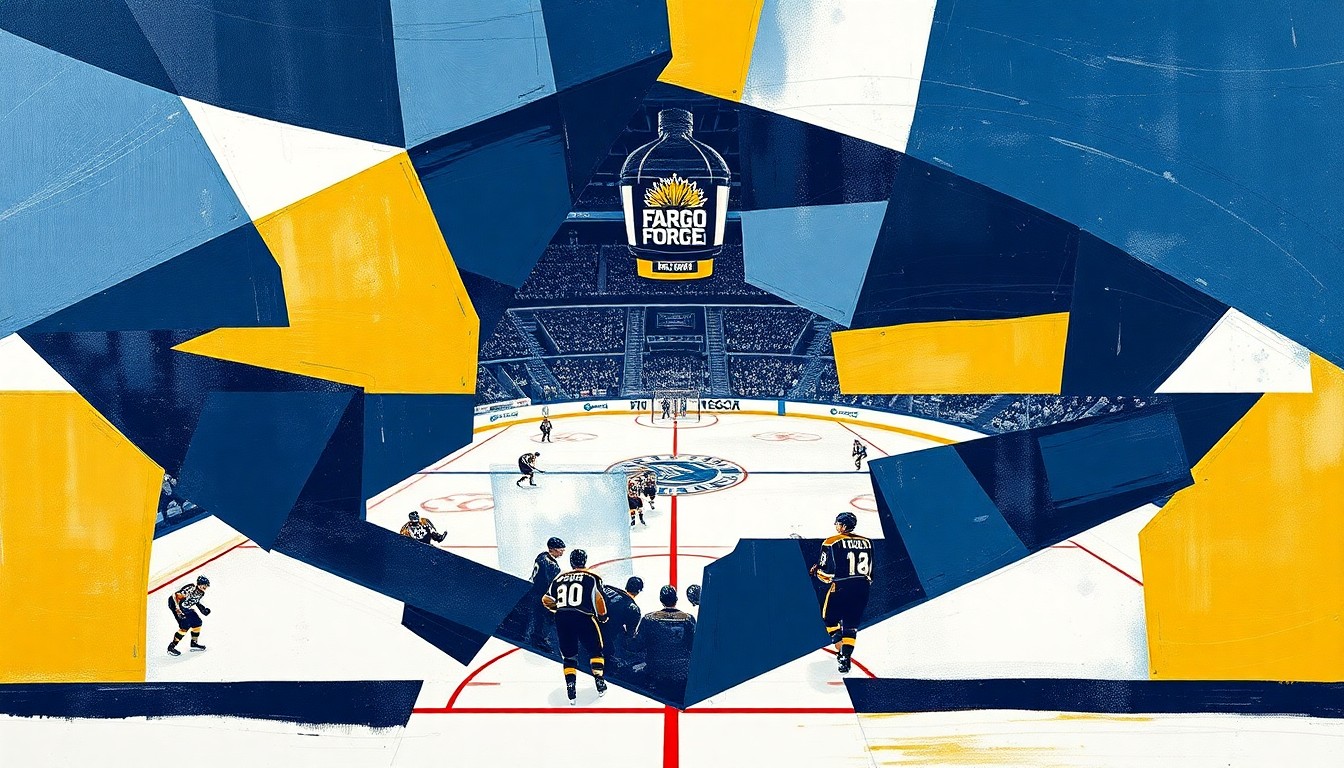 A cubist, geometric painting depicting a Fargo Force hockey game, with sharp, overlapping shapes in navy blue, gold, and white representing the dynamic action on the ice.