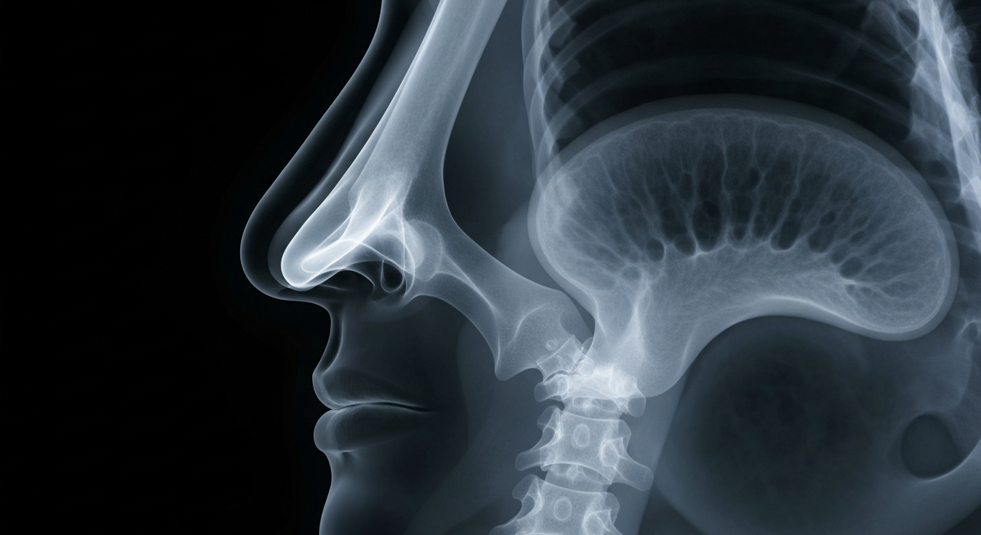 A ghostly, translucent X-ray photograph showing the internal structure of a human nasal passage and sinus cavity, glowing against a dark background, conceptually illustrating the difficulty in distinguishing between cold and allergy symptoms.