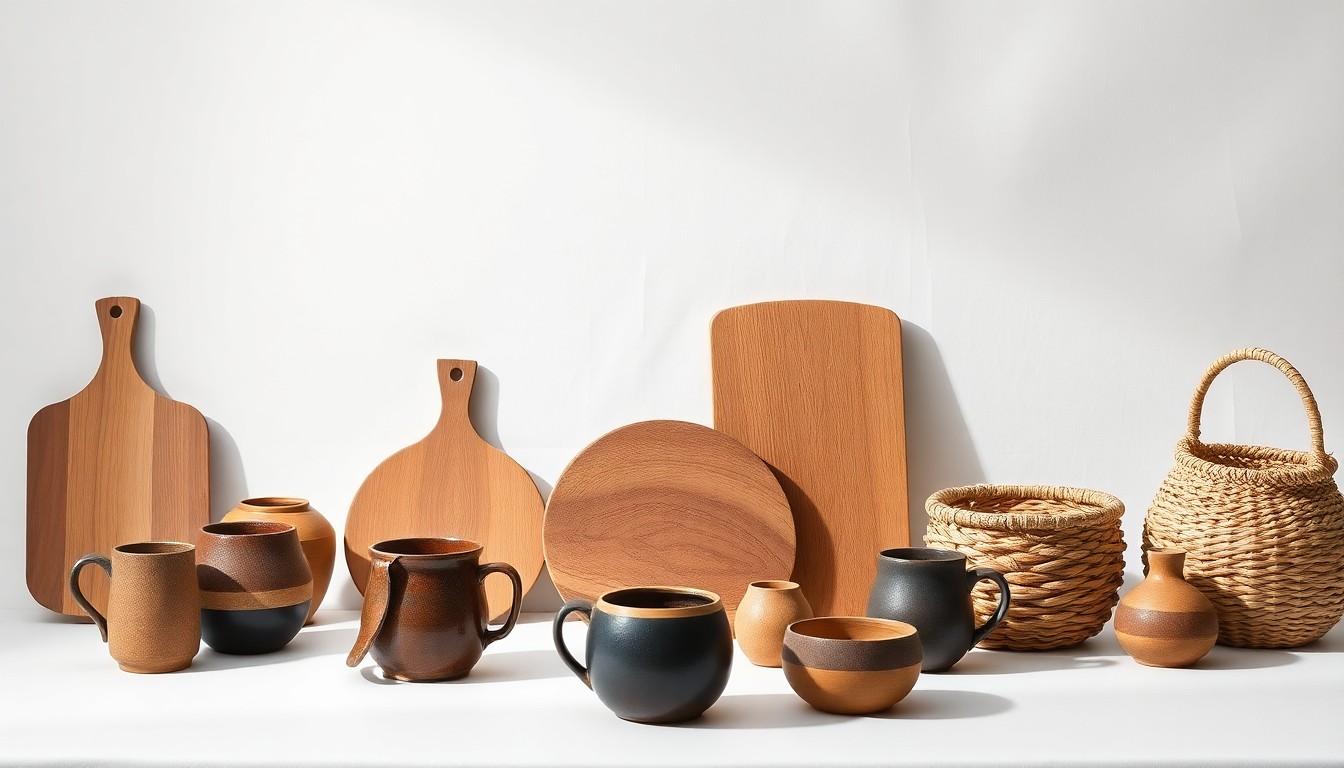 A high-end studio still life photograph featuring an elegant arrangement of artisanal ceramic mugs, wooden cutting boards, and woven baskets on a clean white background, conceptually representing the diverse range of locally-made products displaced by the sudden closure of a community marketplace.