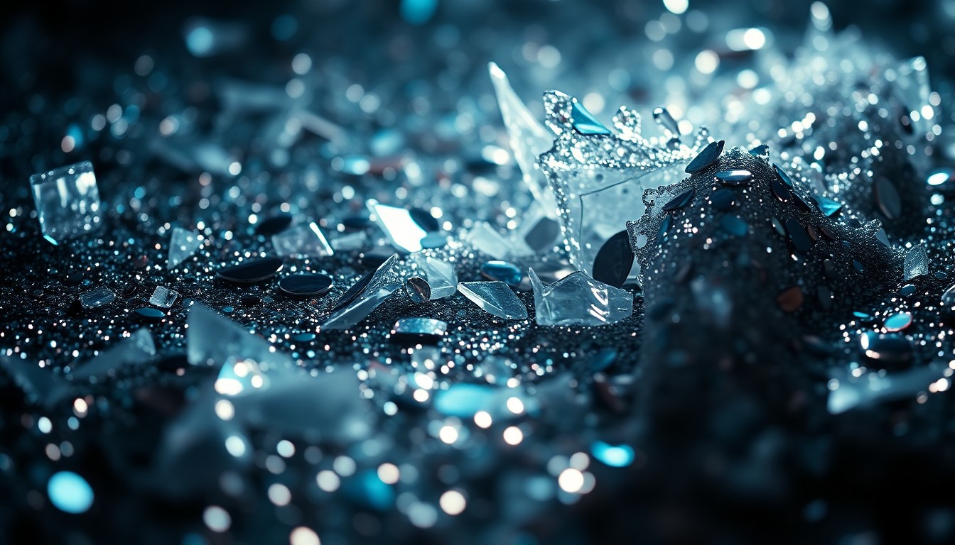 An extreme close-up of shimmering sequins and shards of reflective glass, creating a high-contrast, abstract texture that evokes the glamour and mystery of the upcoming 'Verity' film.