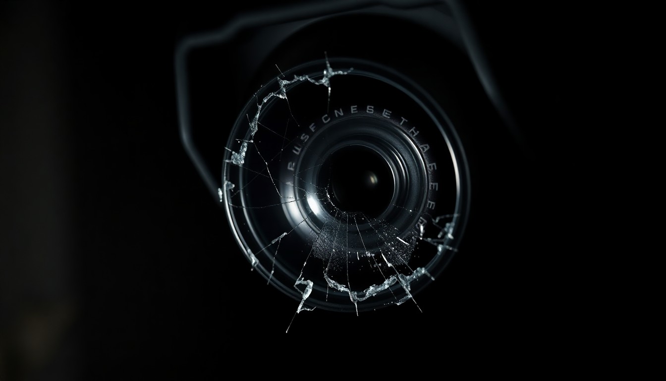 An extreme close-up photograph of a shattered security camera lens reflecting a faint light, conceptually illustrating the intrusion of a masked figure on a residential property.