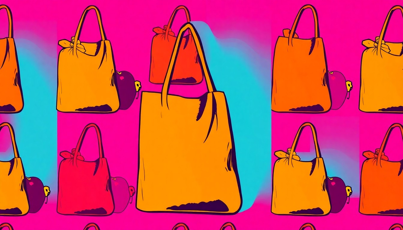 A highly stylized, pop art-inspired illustration composed of a repeating grid pattern of a single, iconic grocery item such as a reusable shopping bag or glass jar of jam, rendered in a bold, neon color palette with heavy black outlines, conceptually representing the community-focused mission and longevity of an independent natural foods cooperative.