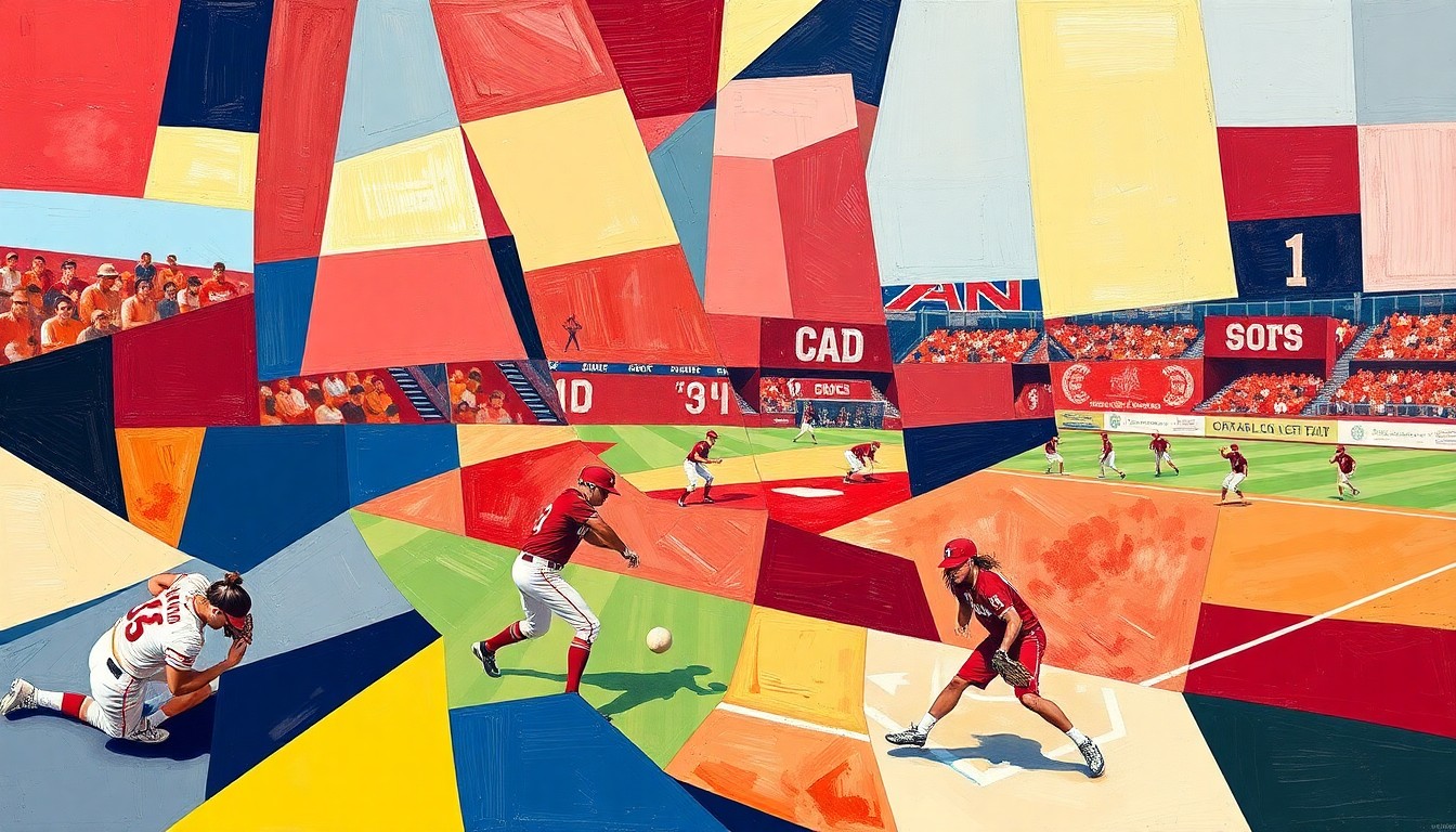 A cubist-style painting depicting a softball game in motion, with the players and field fragmented into sharp geometric shapes and planes in shades of red, cream, and navy blue.