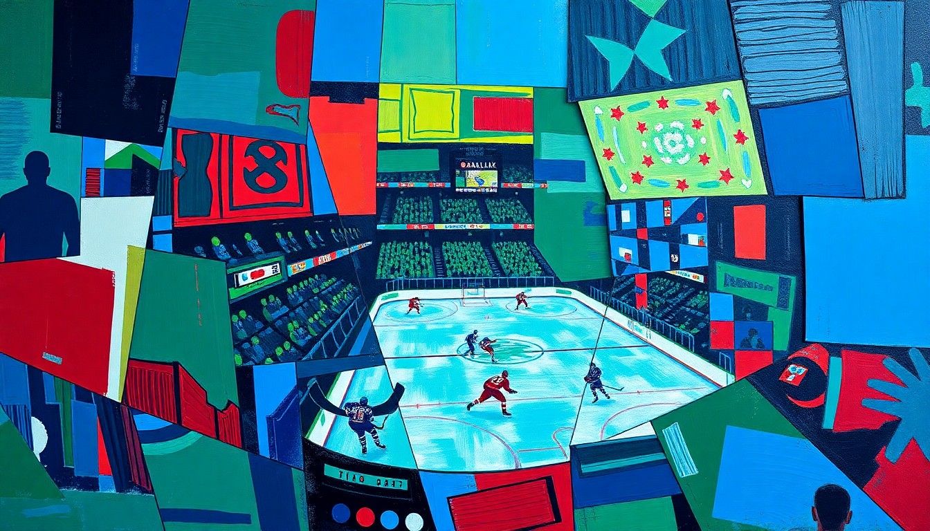A cubist, geometric painting depicting a Canucks hockey game, with sharp, overlapping planes of vibrant blue, green, and red hues, capturing the dynamic energy and potential of the team's young talent.