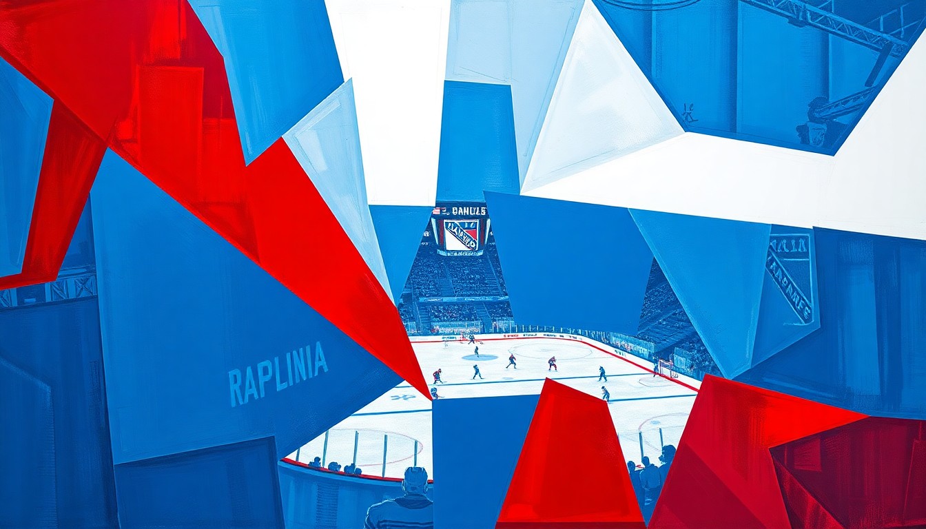 A cubist, fragmented painting depicting a hockey game, with sharp geometric shapes in the Rangers' colors of blue, red, and white overlapping to create a dynamic, abstract scene.