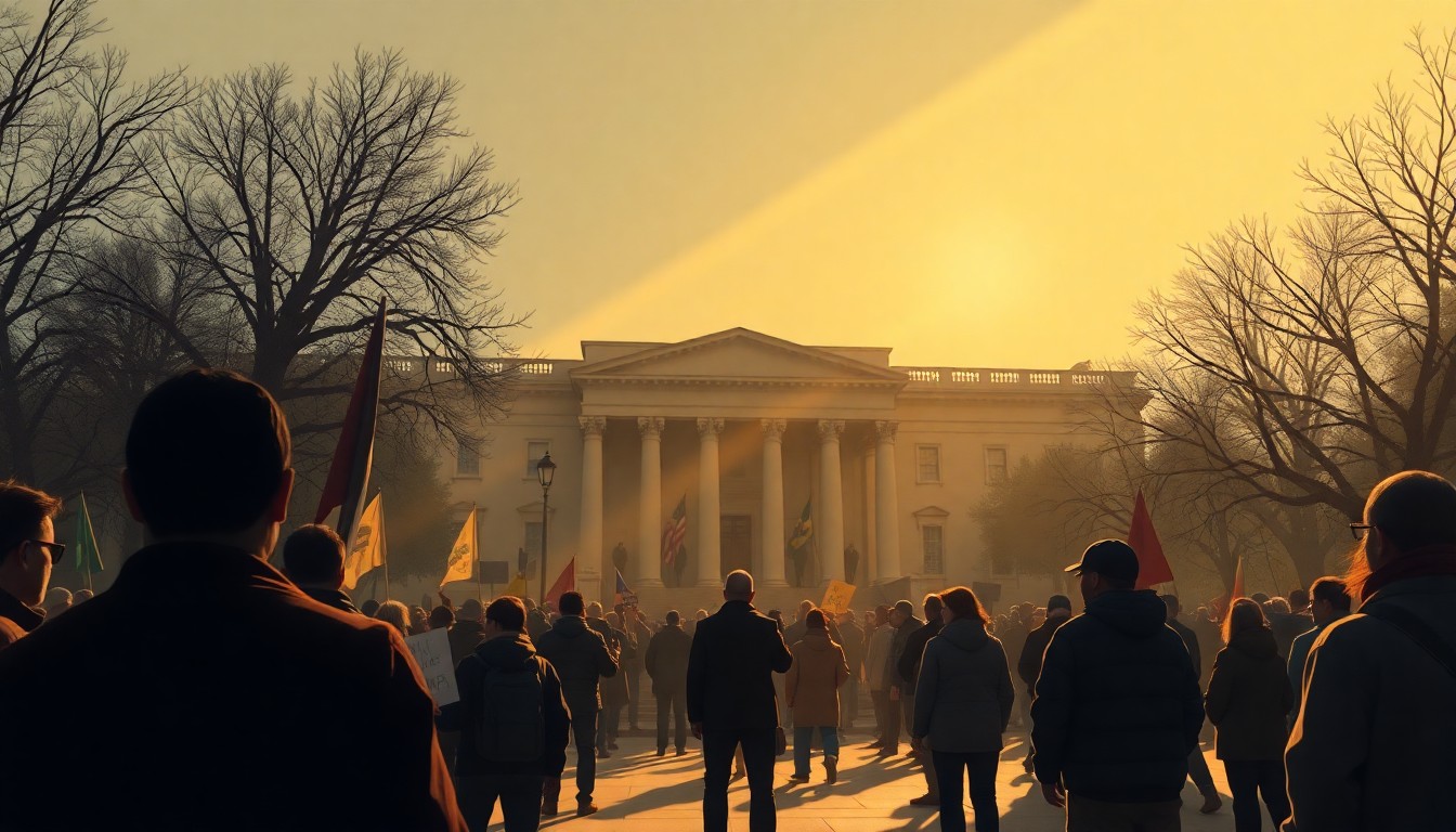 A serene, cinematic painting depicting a group of people gathered in front of a government building, the scene bathed in warm, golden light and deep shadows, conveying a sense of quiet contemplation and civic engagement.