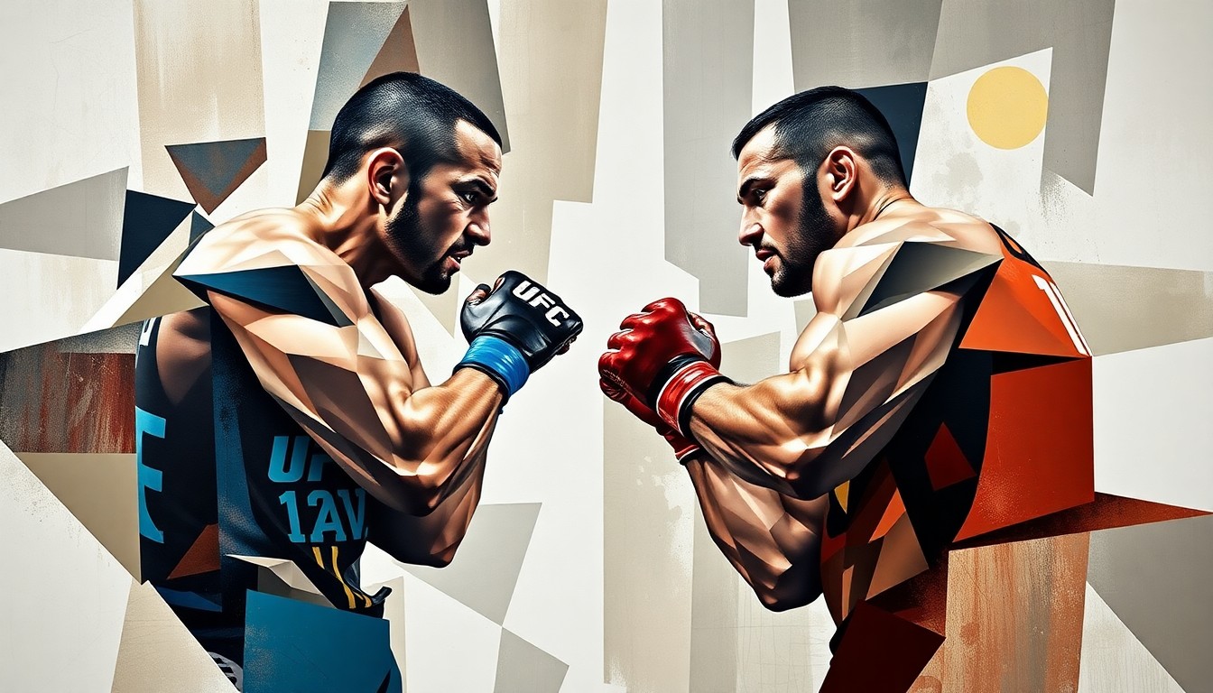 A fragmented, geometric painting depicting the action and movement of the UFC 327 light heavyweight title fight, with sharp, angular shapes and planes representing the dynamic clash between the two fighters.