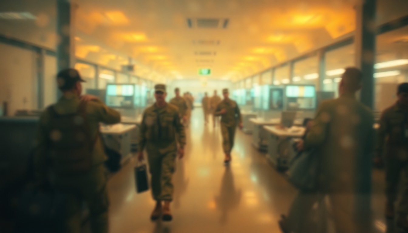 An abstract, impressionistic photograph of a blurred military processing center interior, with muted colors and soft, out-of-focus shapes representing the human activity within.
