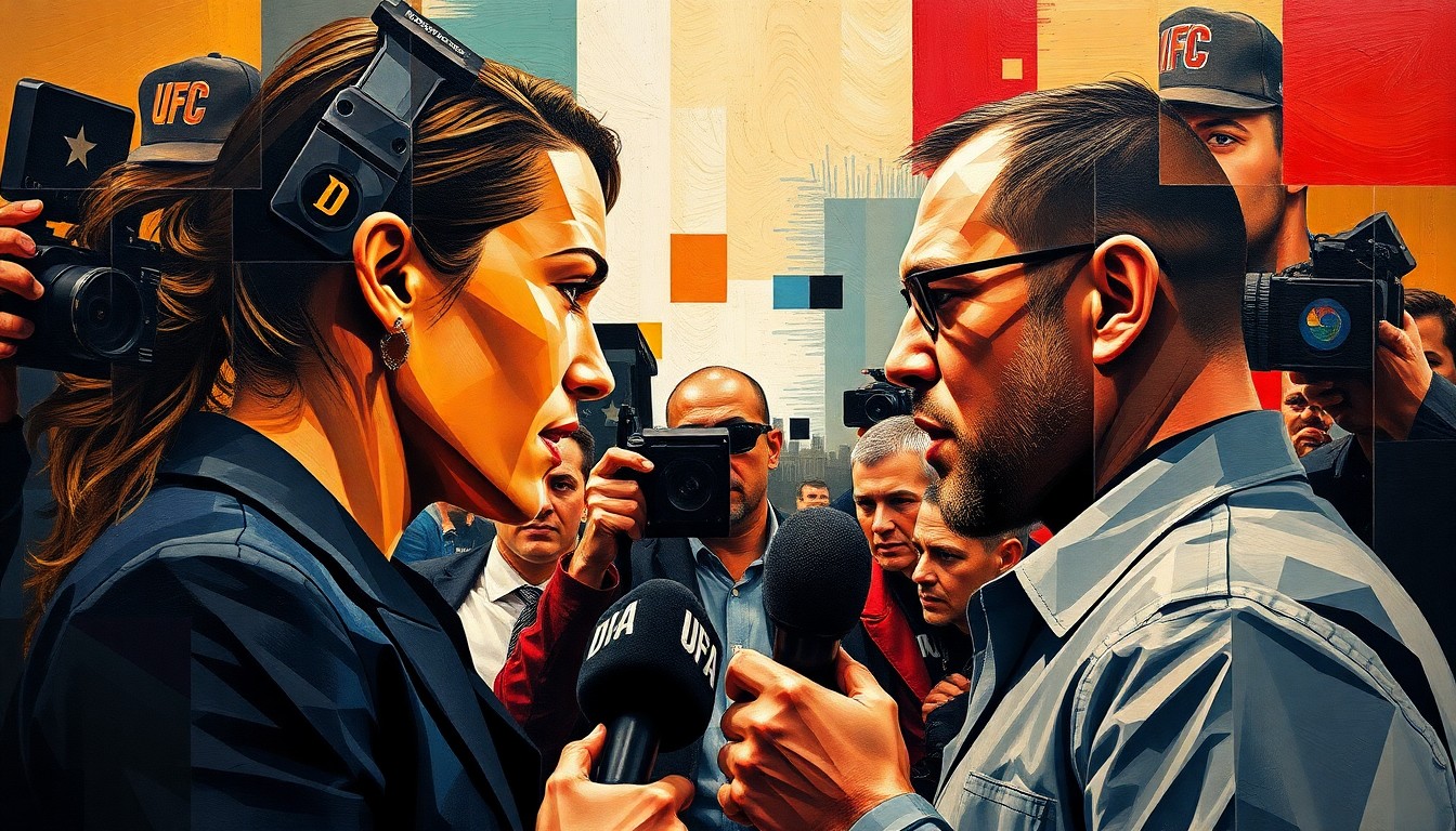 A fractured, multi-perspective painting in the style of Pablo Picasso, breaking down a sports press conference scene into sharp, overlapping geometric planes. The image captures the chaotic and unscripted energy of the moment, with Ronda Rousey and Nate Diaz's figures abstracted and deconstructed.