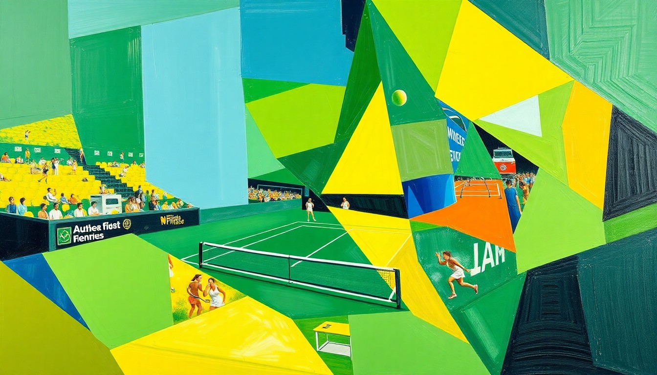 A cubist, geometric painting depicting a fragmented tennis court and players, with vibrant brushstrokes in shades of green, blue, and yellow, conveying the dynamic energy of a women's tennis match.