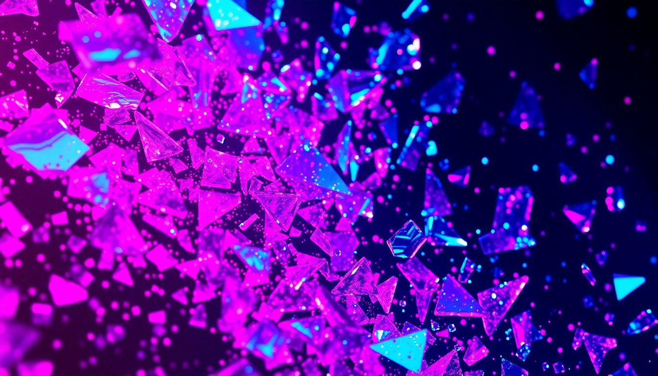 An extreme close-up of shattered, glittering glass fragments in neon pink, blue, and purple hues, conceptually representing the intense, stylized action of the 'Highlander' reboot.