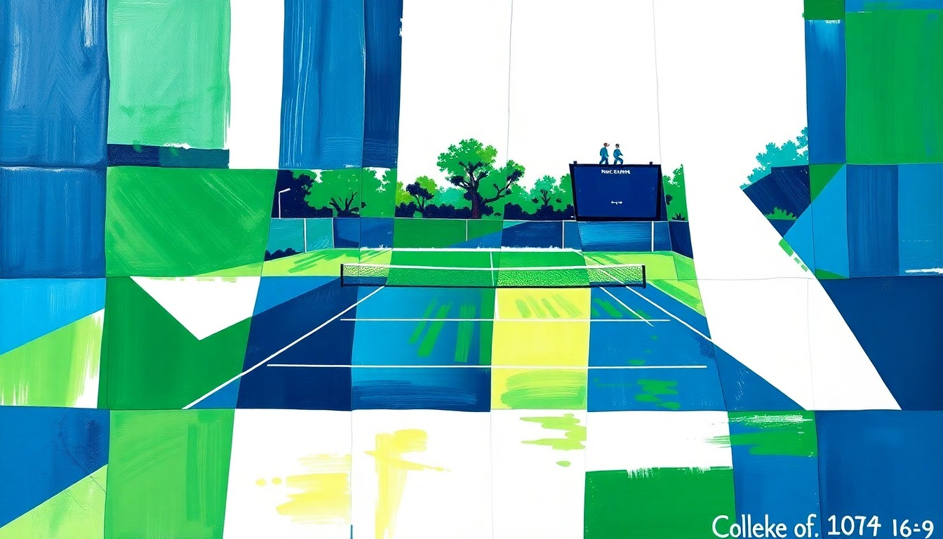 A dynamic, geometric painting featuring overlapping planes of navy, green, and white, conveying the fast-paced action and competitive energy of a college tennis match.