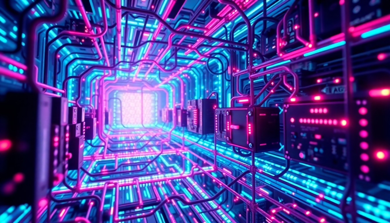 A highly detailed, glowing 3D macro illustration of a complex neural network or AI hardware infrastructure, rendered in a luminous cyberpunk style with neon cyan and magenta lighting, conceptually representing Nvidia's broad investments in the AI ecosystem.