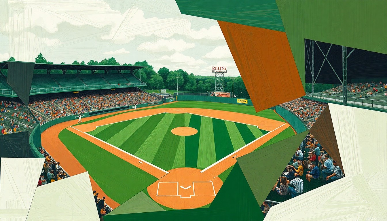 A cubist, multi-angled painting featuring overlapping geometric shapes in shades of green, brown, and white, conceptually representing the competitive action of a high school baseball game.