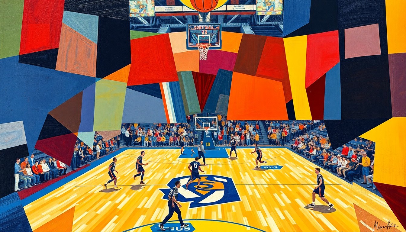 A cubist, geometric painting depicting a college basketball game, with fragmented, overlapping shapes in the team's colors representing the fast-paced action on the court.