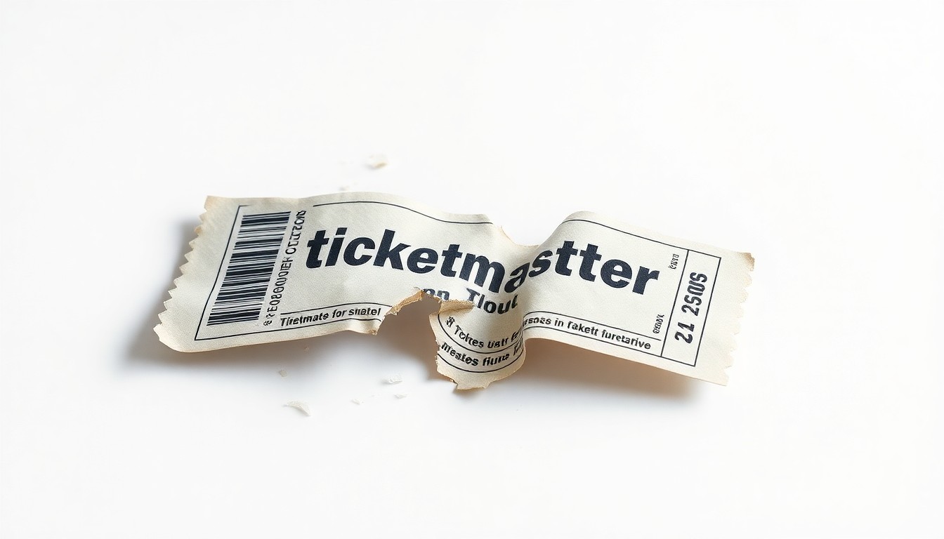 A photorealistic studio still-life image showing a cracked, shattered ticket stub lying on a clean, monochromatic background, symbolizing the collapse of Ticketmaster's monopolistic control over the live events industry.