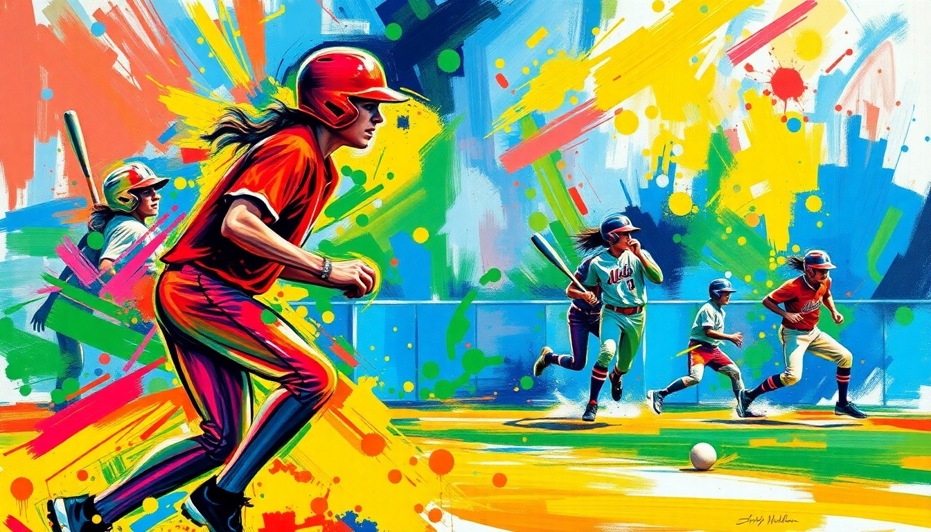 An abstract, textured painting in bright neon colors, with sweeping brushstrokes that evoke the fast-paced action and emotion of a high school softball game.