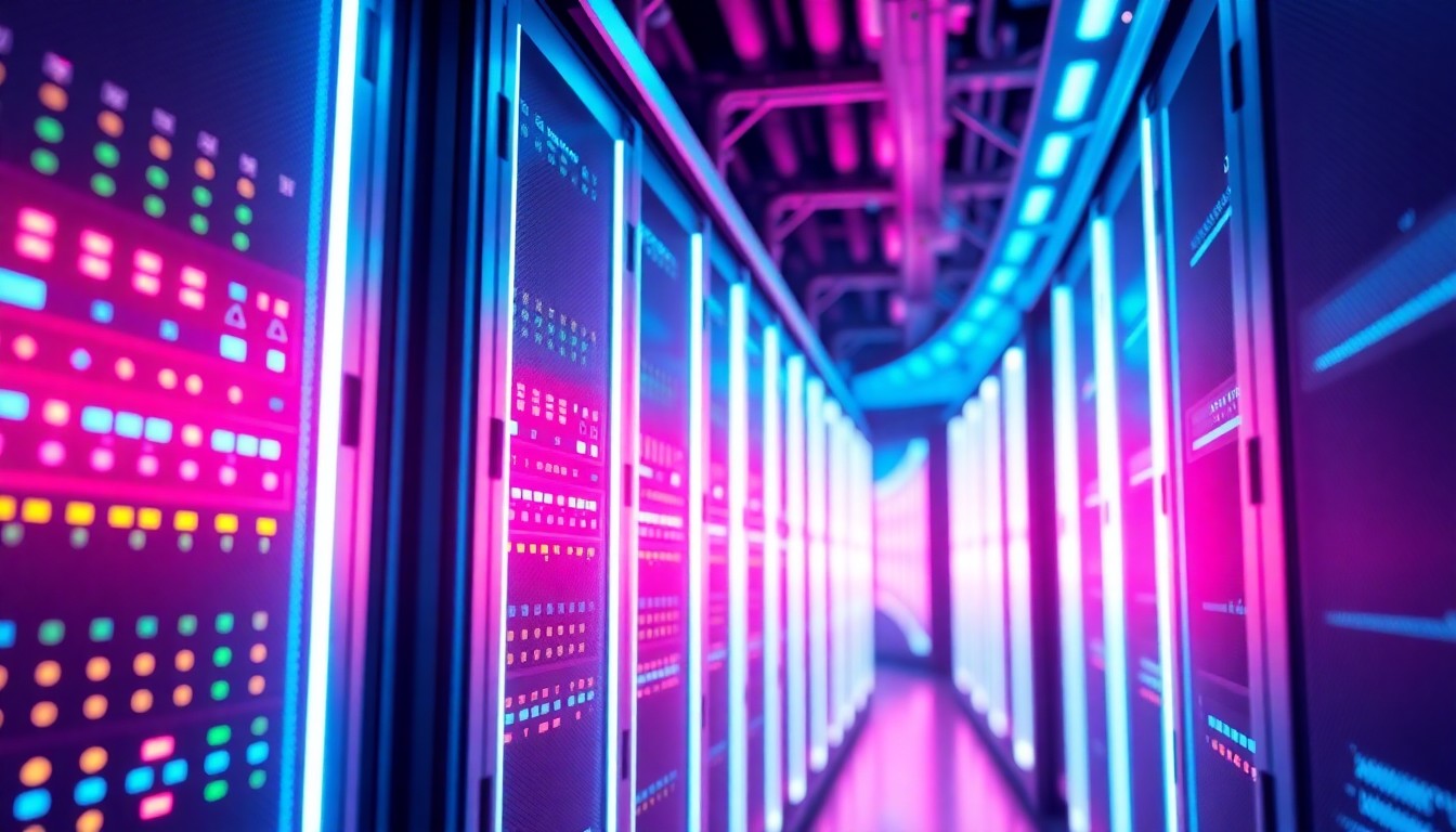 A highly detailed, glowing 3D illustration of a futuristic server rack with pulsing neon cyan and magenta lights, conceptually representing the advanced edge computing and network infrastructure powering Scale Computing's partner-led solutions.
