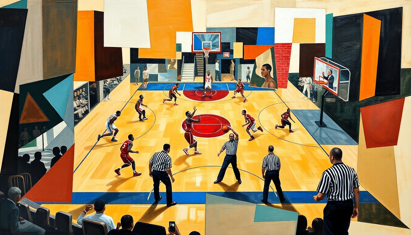 A fragmented, geometric painting depicting the chaotic energy of a basketball game, with the players, court, and referee broken down into sharp, overlapping planes of color.
