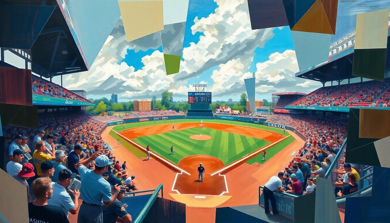 A fractured, geometric painting depicting a high school baseball game, with players and the field broken down into sharp, overlapping planes of color and shape.