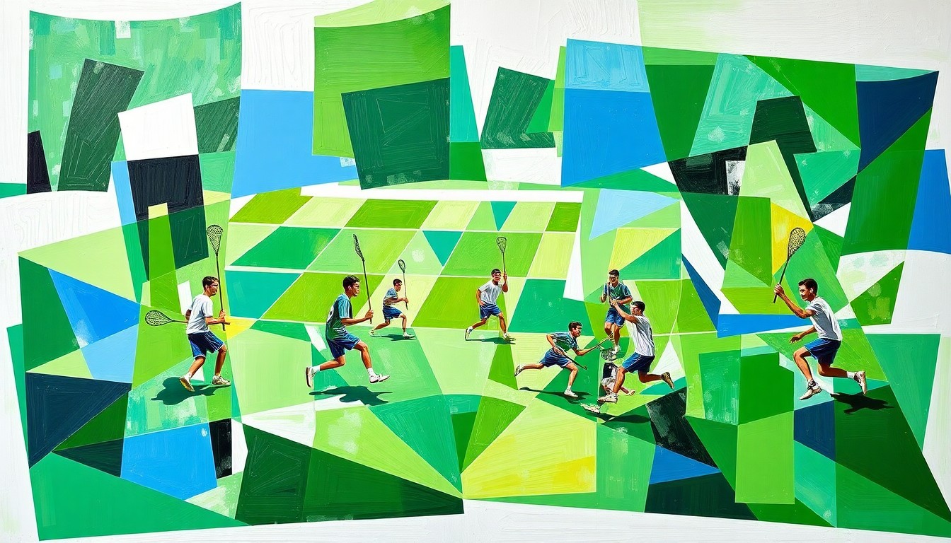 A cubist, geometric painting depicting the chaotic, fast-paced action of a boys lacrosse game, with players and the ball fragmented into overlapping planes of vibrant colors.