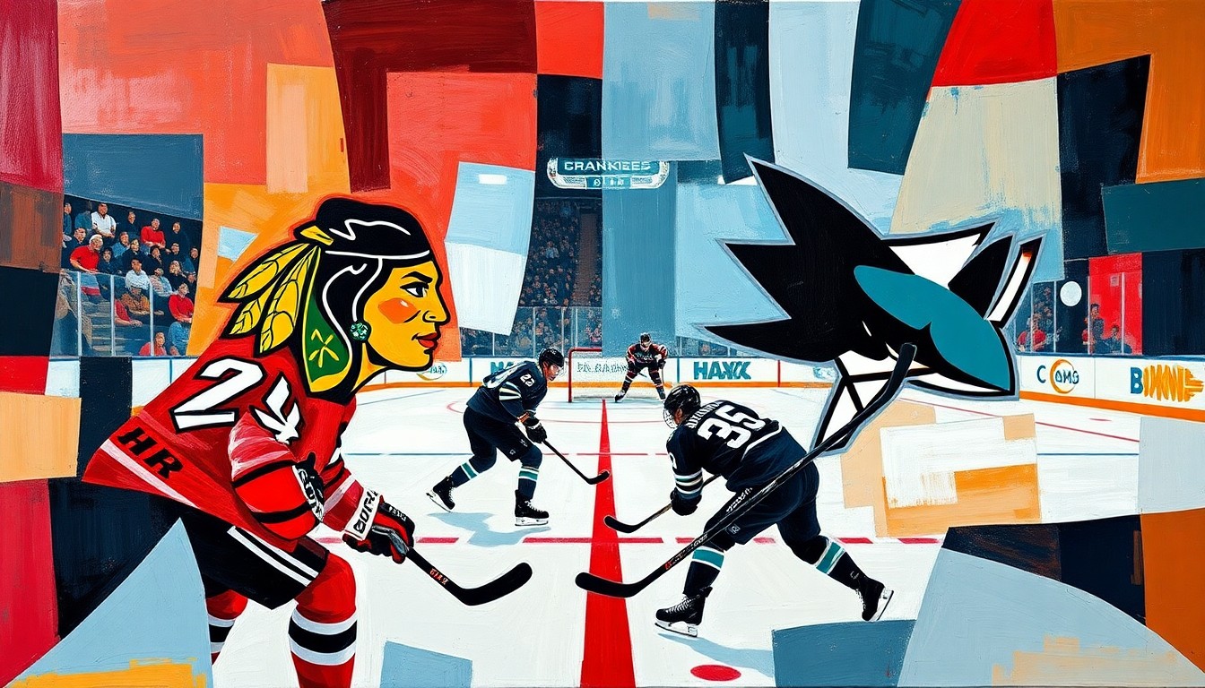 A cubist, geometric painting depicting a hockey game between the Chicago Blackhawks and San Jose Sharks, with the players and action broken down into sharp, overlapping planes of color and shape.