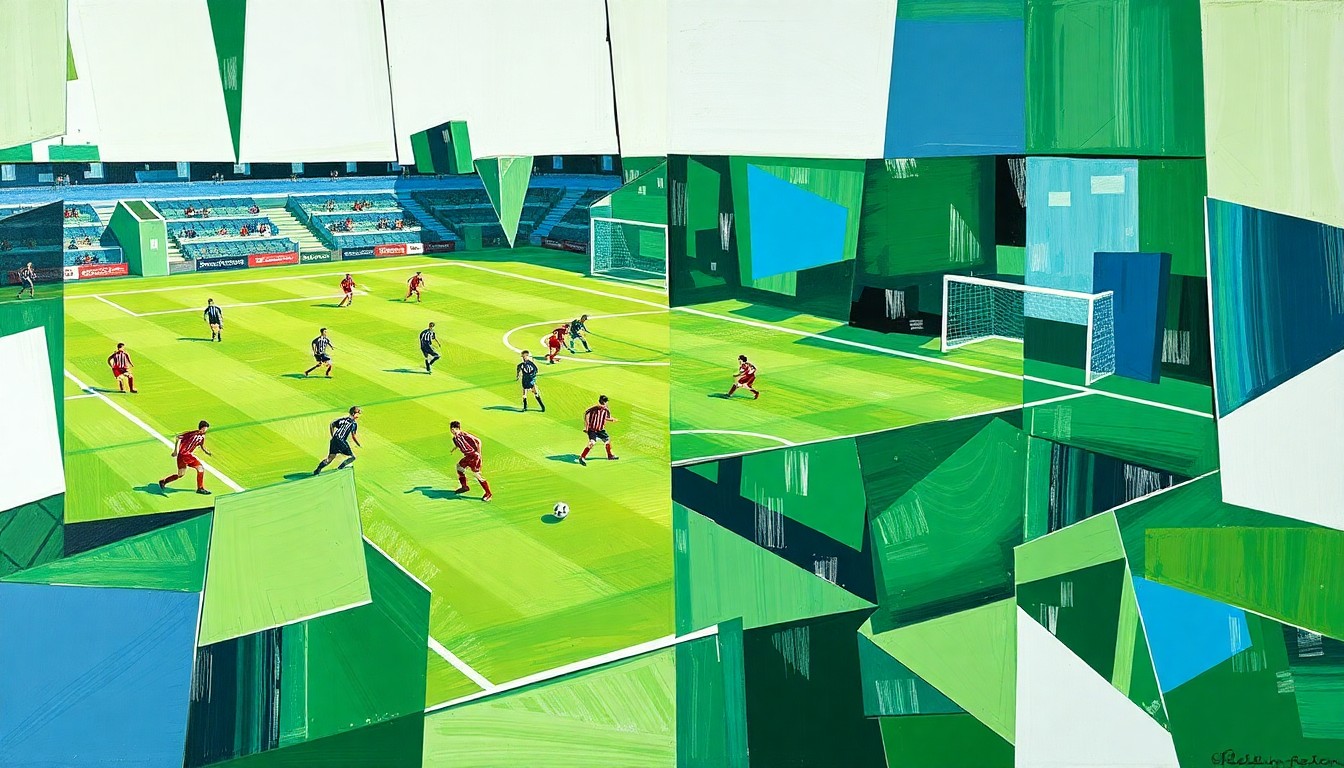 A cubist, fragmented painting depicting a high school soccer match, with the players and field broken down into sharp, overlapping geometric shapes in shades of green, white, and blue.