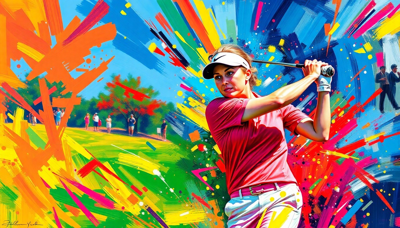An abstract, energetic painting featuring bold, neon-colored brushstrokes that capture the dynamic motion and intensity of a women's golf tournament.