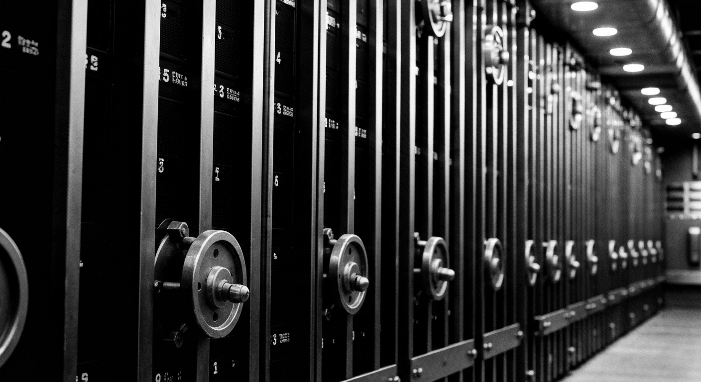 A high-contrast, close-up image of the inner workings of a bank's financial infrastructure, such as rows of servers or trading terminals, conveying the complex, industrial nature of modern banking and finance.