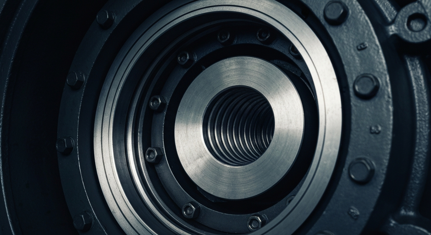 A highly detailed, black-and-white close-up image of the complex inner mechanisms and heavy metal components of an industrial pump, conveying a sense of the robust engineering and machinery that underpins Gorman-Rupp's products.