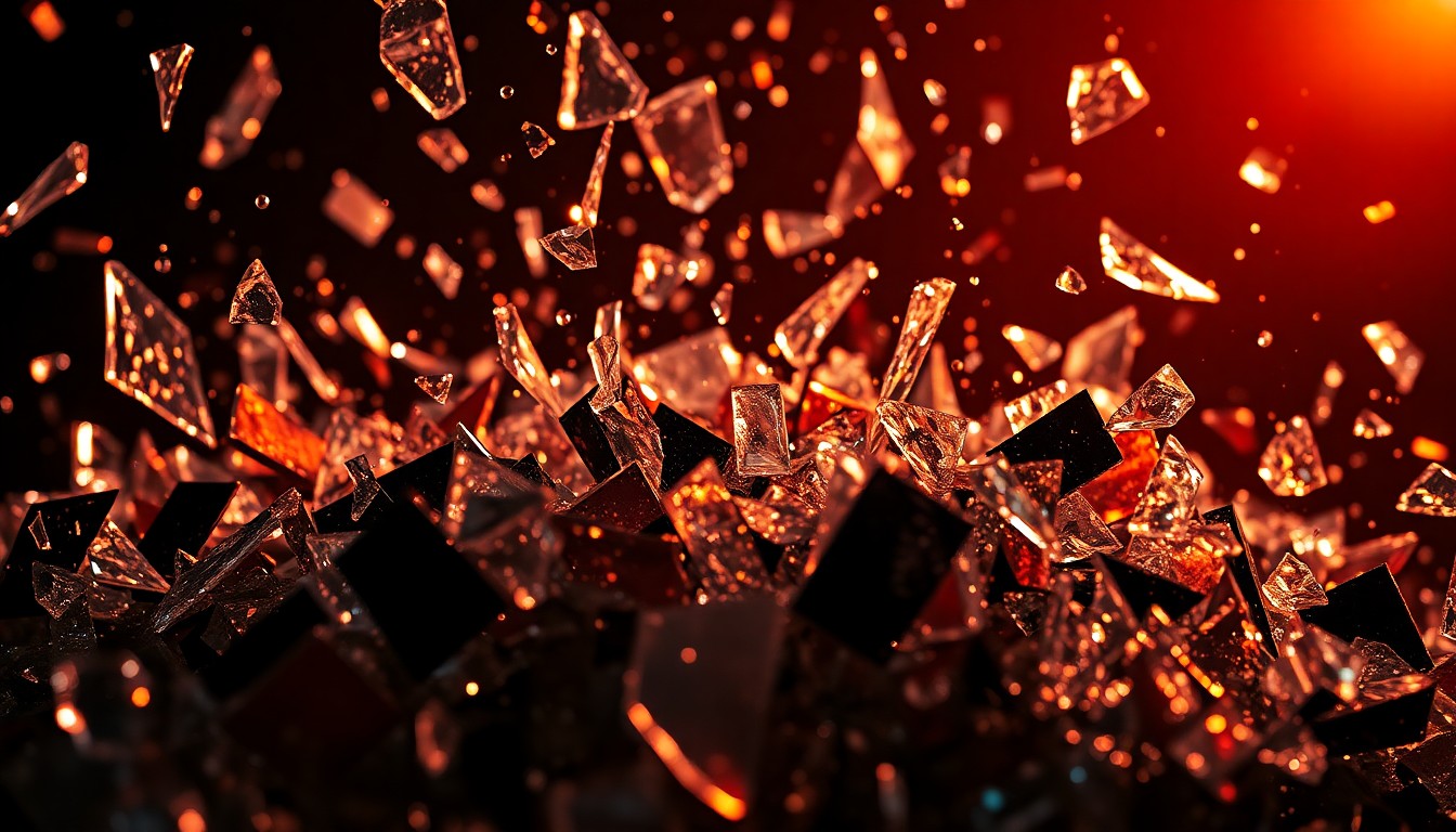 An extreme close-up of shattered glass and metal fragments, captured in dramatic high-contrast lighting to convey the intense, visceral atmosphere of a heavy metal performance.