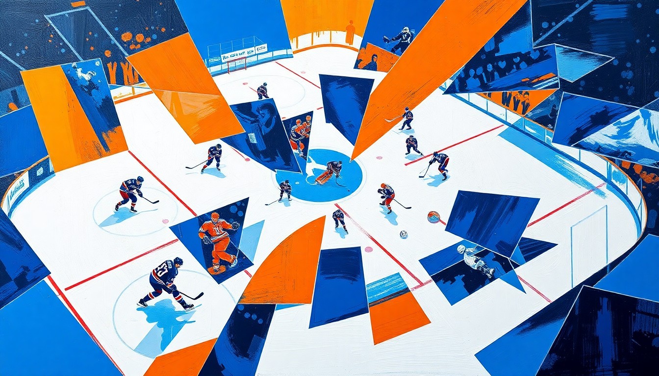 A fragmented, geometric painting depicting a hockey game, with sharp planes of blue, orange, and white colors overlapping to create a sense of motion and intensity.