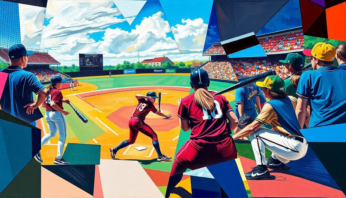 A cubist-style painting featuring overlapping geometric shapes and planes in the team colors of various college softball programs, conceptually representing the competitive nature of the sport.