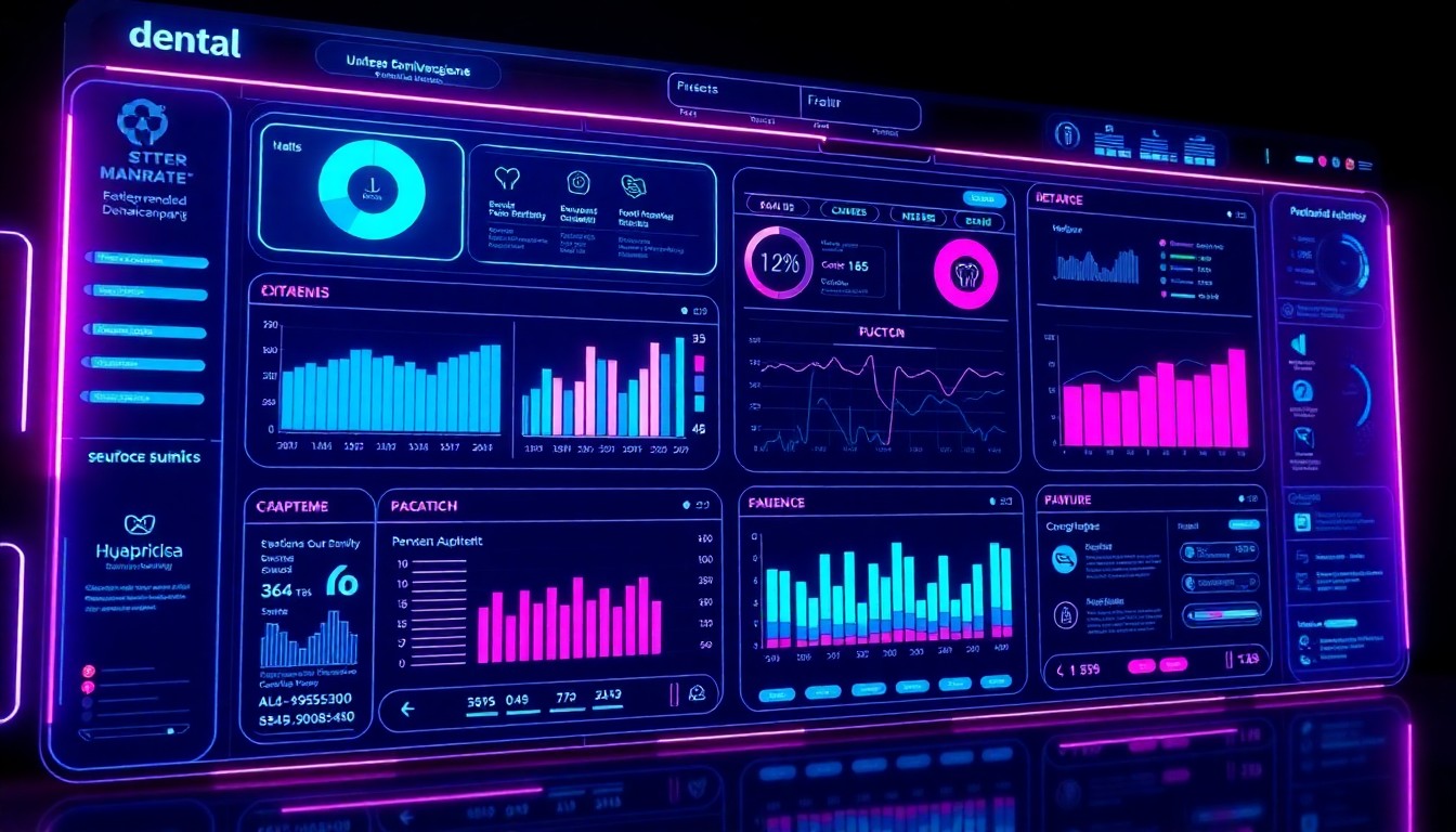 A highly detailed, glowing 3D illustration of a futuristic, AI-powered dental practice management dashboard, with neon cyan and magenta lights illuminating various digital interfaces and data visualizations, conceptually representing the advanced technology powering PEAKS Dental's new Endo Pro platform.