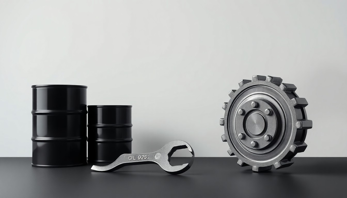 A photorealistic studio still life featuring a stack of oil barrels, a wrench, and a polished metal gear against a clean, monochromatic background, conceptually representing the oil and gas industry and corporate strategy.